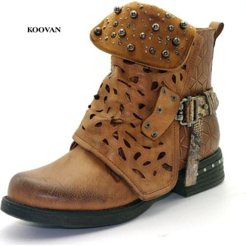 Koovan Womens Boots 2018 New Autumn And Winter Fashion Womens Low-heeled Leather Boots Designed Cuffed Womens Shoes