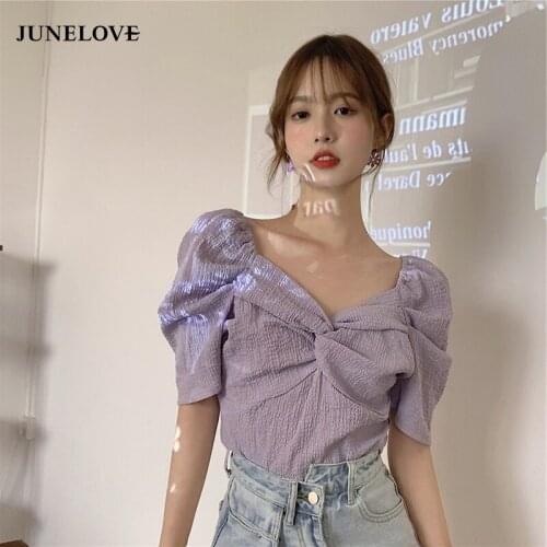 JuneLove Women 2021 Summer Purple Puff Sleeve Crop Tops Vintage V-neck Bow Design Elegant Shirt Korean Ladies Sexy Short Tops