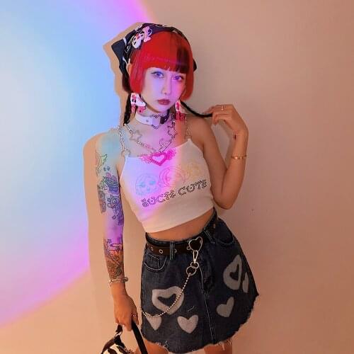 Summer Womens vest sweet slim print Metal chain printed cool streetwear Sling Japanese kawaii fashion Harajuku short Top