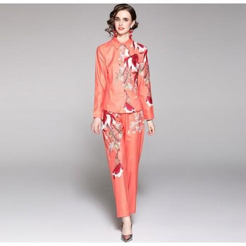 Fall Holiday Streetwear Floral Print Women Suit Turn Down Collar Long Sleeve Shirt Blouse + Hight Waist Trousers Two Piece Set