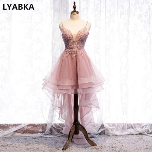 Robe De Soiree V-neck Evening Dress Pink Organza With Appliques Beading High Low Evening Dresses Long Dress Vestido De Festa
