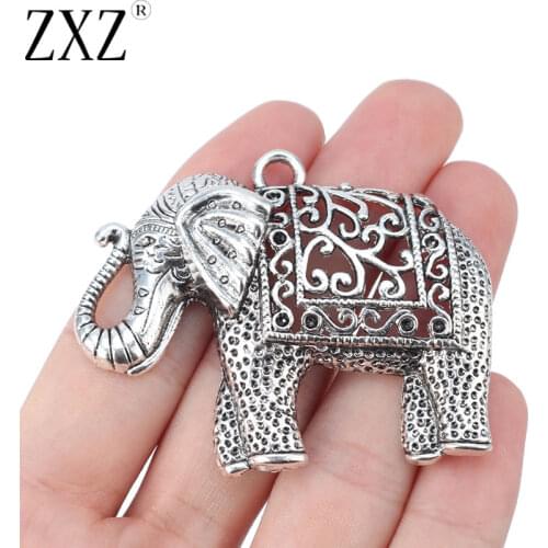 ZXZ 2pcs Tibetan Silver Large Filigree Lucky Elephant Charms Pendants for Necklace Jewelry Making Findings 60x48mm