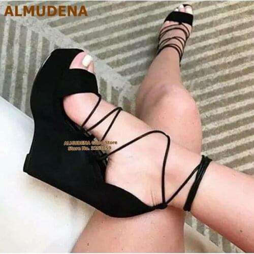 ALMUDENA Red Black Suede Wedges Sandals Platform Dress Shoes Cross Tied Gladiator Pumps Open Toe Skyhigh Heels Size47 Dropship