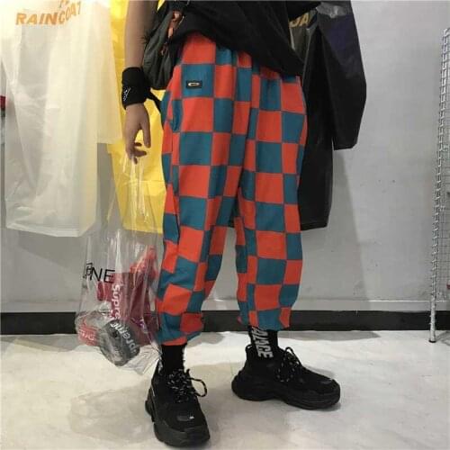 Men Harajuku Plaid High Loose Trousers Korean Couple Casual Pantalon Pockets Fashion Hip Hop Spring New Checkerboard Harem Pants