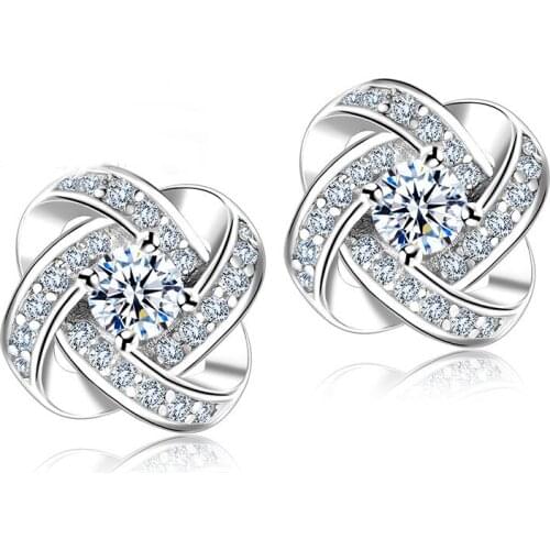 Fast Shipping Cubic Zirconia CZ Crystal 925 Sterling Silver Knot Flower Stud Earrings for Women Brincos Bijoux Wedding Jewelry