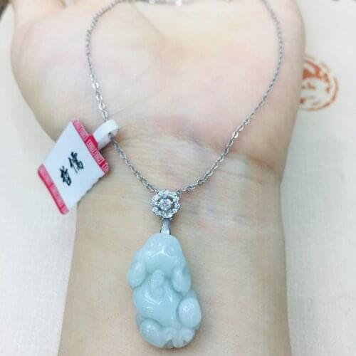 Natural Burmese Ajadeite carved good luck pixou pendant with 925 sterling silver necklace Elegant lady clavicle chain