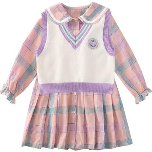 Kids girls leisure suits Spring / autumn long-sleeved knit vest + plaid dress 2pcs sets of new big virgin suit