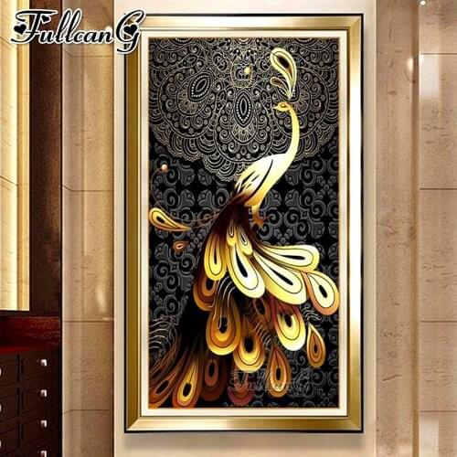 FULLCANG Abstract golden peacocks animal large diamond painting 5d diy full square round mosaic embroidery kit decoration FC3663
