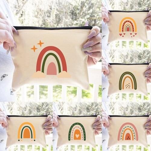 Canvas Rainbow Print Female Travel Storage Bag Toiletry Organizer Cute Cosmetic Case Portable MakeUp Pouch Pencil Bag Best Gift