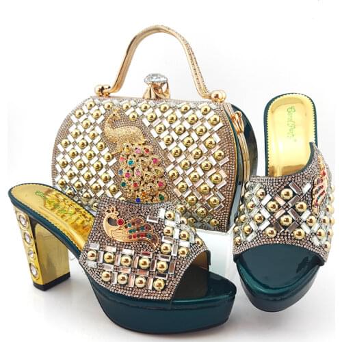 Italian design Women Shoes and Bag Set in Gold Color 2020 Summer Mature Style African Lady Shoes and Bag Set for Wedding Party