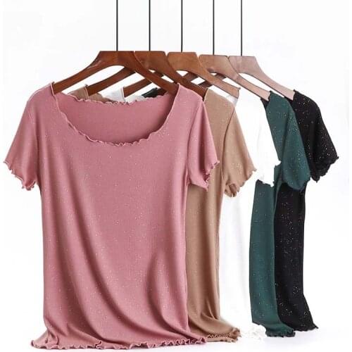 Summer New Flashing Short-Sleeved T-shirt Womens Plus Size Solid Color Thread Modal Top WX21