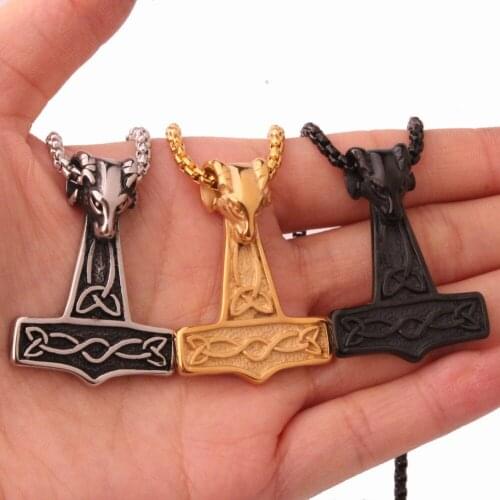 Hotsale Stainless Steel Silver Color/Gold/Black Sheep Head Thors Hammer Viking Mjolnir Bike Jewelry Mens Pendant Necklace Chain