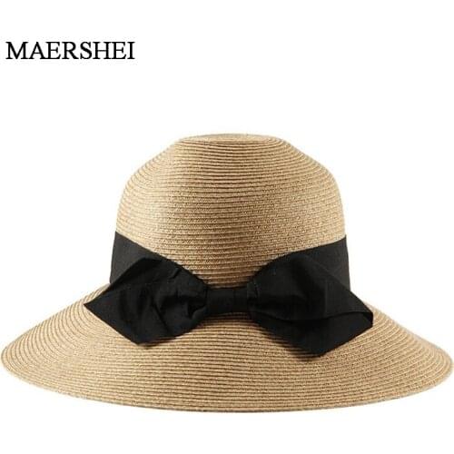 MAERSHEI Women Summer Bowknot Straw Hats Beach Elegant Fashion Sun Hat Floppy Brim Foldable Panama Chapeau Femme Wide Brim Hat