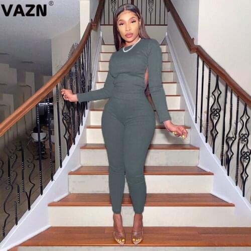VAZN 2020 Top Quality Soft Sexy Novelty Solid Hollow Out Open Backless Full Sleeve Top Long Pants Skinny Women 2 Piece Set