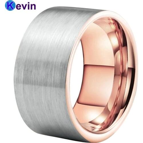 12MM Tungsten Wedding Band Rose Gold Wedding Ring For Men Flat Band Brush Finish Comfort Fit