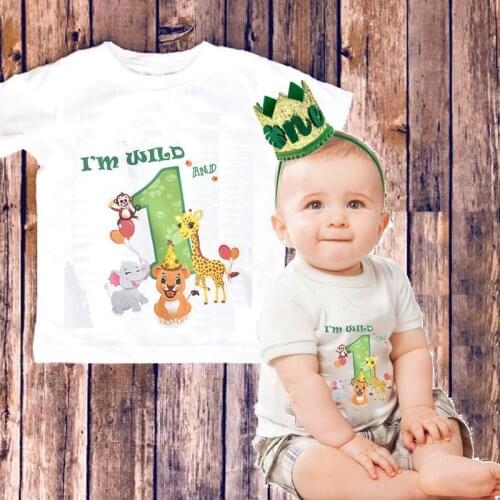 1st first Wild one 1 year old Woodland jungle Safari animal theme Birthday boy decoration crown T Shirt gift present Photo props
