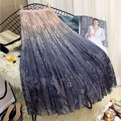 Gradient Pleated Skirt Female Summer 2021 New Korean Style High Waist Skirt Hollow Lace A-line Skirt Mid-length Spring Summer