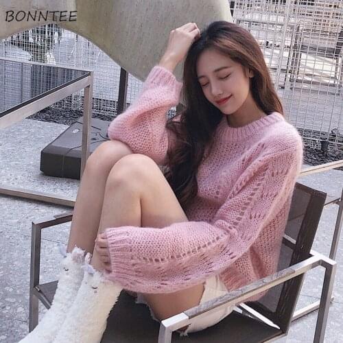Pullovers Women O-neck Solid Hollow Out Knitting Casual Simple Korean Style Soft Lovely Daily High Quality Females Sweater Chic