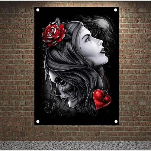 Rose Girl Skull Tattoo Art Banners Flags Canvas Painting Bar Cafe Home Decoration Scary Bloody Posters Tapestry Wall Hanging