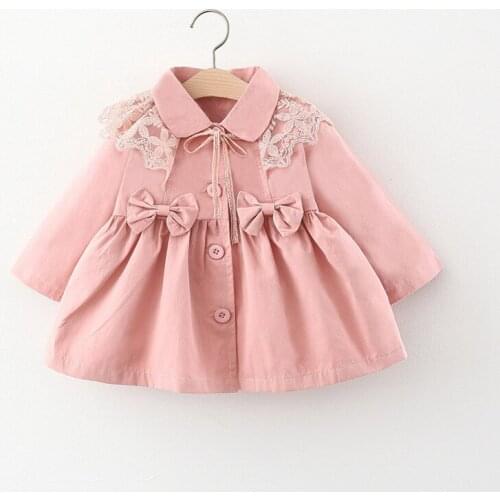 Girls Windbreaker Spring Autumn Long Sleeve Lace Collar Coat with Bow Kids Children Outerwear
