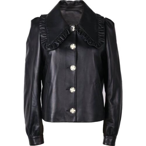 YOLOAagin 2021 New Women Genuine Leather Jacket Ruched Collar Lambskin Jacket Ladies