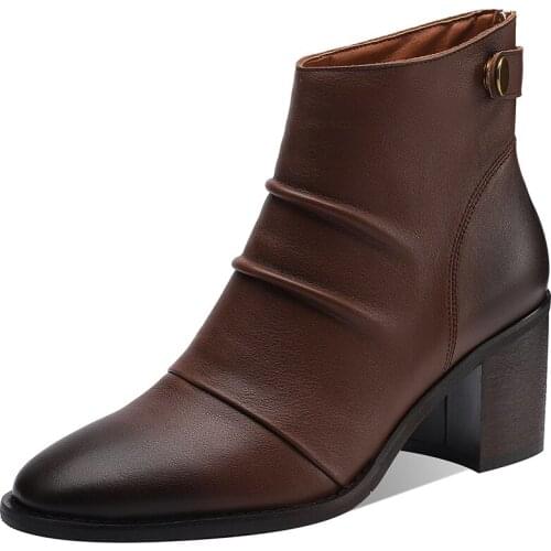 Autumn Winter Ankle Chelsea Boots Women Shoes Black Brown High Heel Elegant Shoes Women Zipper Boots Shoes Genuine Leather A209