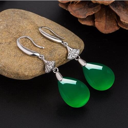 Vintage Natural Emerald Jade Chalcedony Woman Earrings 925 Silver Water Drop Green Jadeite Gemstone Fine Jewelry For Mother Gift