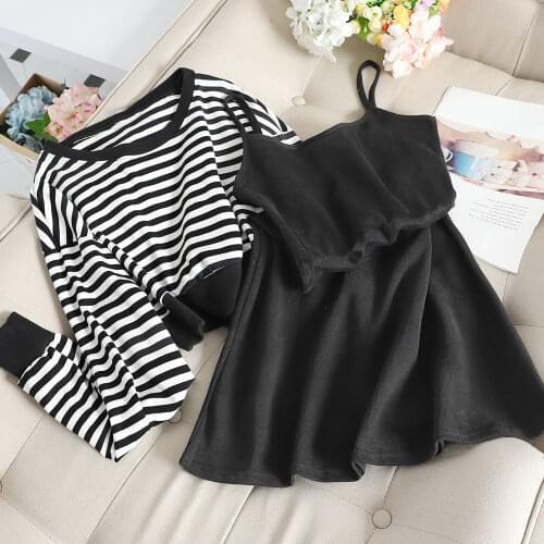 Striped sweater + suspender skirt two-piece set 2020 Korean casual student girl suit skirt sets for women clothing