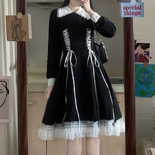 Japanese Lolita Style Girly Black Women Princess Dress Autumn Lace Up Long Sleeve Tassel Sweet Ruffles Mid-Calf Party Dresses