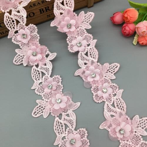 1 Yard 6CM Pink Diamond Pearl Flower Lace Trim Ribbon Fabric Embroidered Applique Sewing Craft For Costume Hat Decoration
