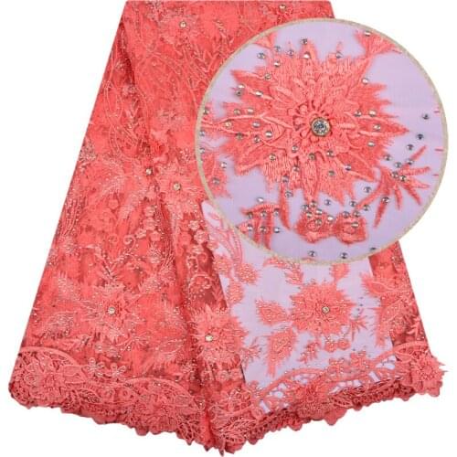 2018 New Style French Net Lace Fabric 3D Flower African Tulle Mesh Lace Fabric High Quality African Stones Lace Fabric 1266