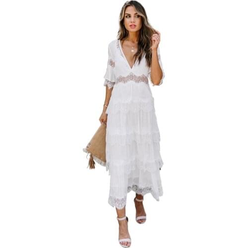 2021 Spring and Summer Tulle Deep V Hedging Lace Long Dress White Dress