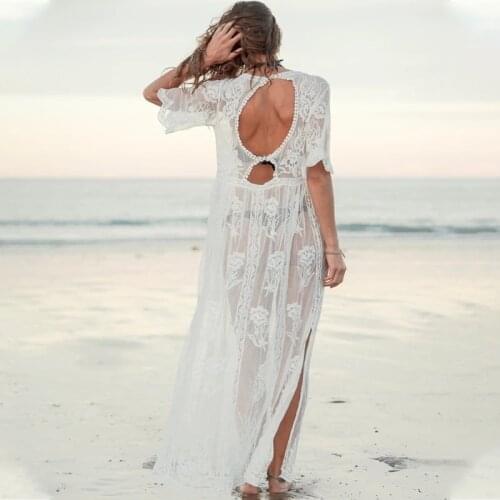 2020 White Tunic Sexy Hollow Out O-Neck Beach Mini Dress Summer Women Beach Wear Swim Suit Cover Up Sarong Q1136