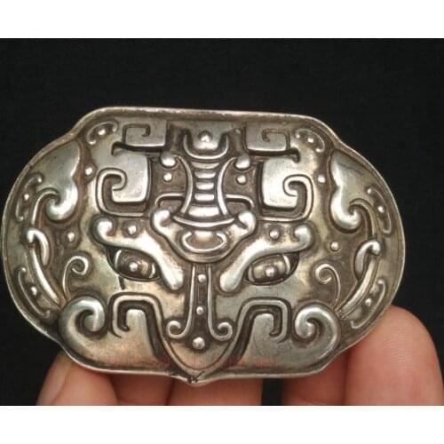 YIZHU CULTUER ART Collection China Tibet Silver Carving Beast Face Figure Belt Button Decoration Gift