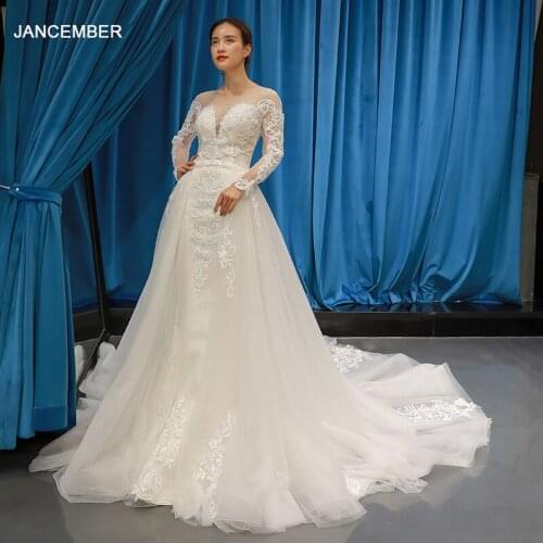 J66624A jancember wedding dresses long sleeve A-line lace up back appliques floor length with train princess bridal dresses 2019
