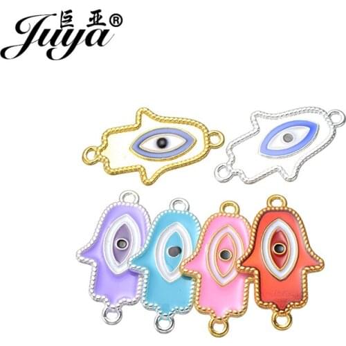 JUAY cheap alloy Jewelry Findings 10pcs 32x20mm Evil Eye lucky Hamsa Hand Connector for DIY Bracelet Necklace copper AE0023