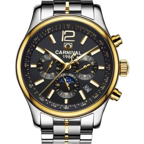 Carnival Mens Multifunction Dial Steel Watchband Automatic Mechanical Watch Wristwatch - gold bezel black dial