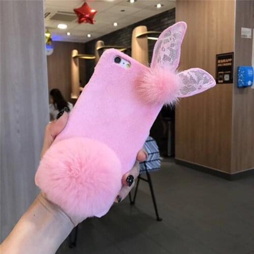 LaMaDiaa Fashion Cloth rabbit ear plush ball furry fur mobile phone Case for iPhone 6 6s plus 7 8 8Plus X XS MAX XR Cover Capa