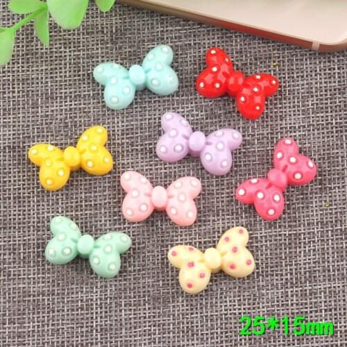 Mini order Ribbon Knot Bow Resin Cabochons 10pcs 25*15mm Plastic Ribbon Polka Dots Bows Clay Beads Charm Pendant DIY material