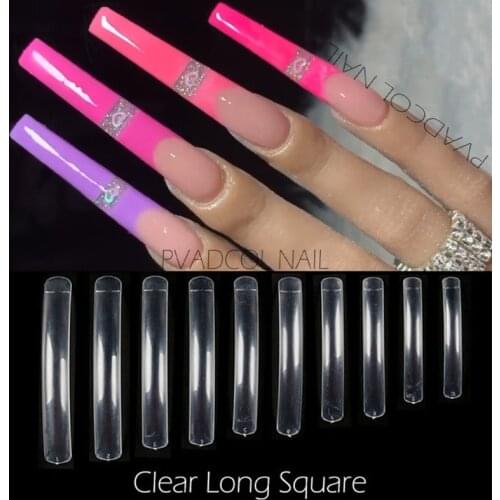 10pcs Extra Long Square Full Cover Fake Nails Clear Transparent False Nail Tips Acrylic UV Gel Salon Manicure Tool Set