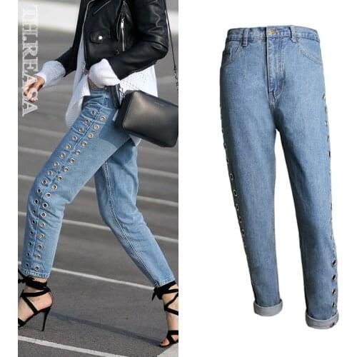New BF Style High Waist Loose Jeans Trousers Rivets Hollowed Out Metal Corns Jeans