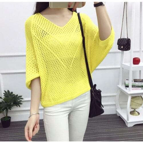 Sexy Womens Knitted Pullover Mesh Hollow Sweater Women 2021 Spring Fashion Bat Half Sleeve Solid Color Casual Loose Shirt Summe