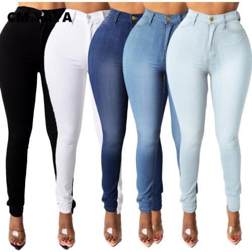CM.YAYA Solid Full Length Women Jeans Fake Zippers Skinny Elastic High Waist Jeans with Pockets Women High Street Pencil Pants