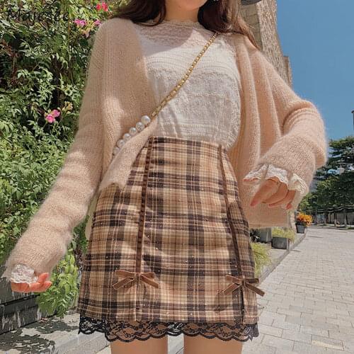 Skirts Women Bow Plaid Mini Lace Sweet Sexy Girls High Waist French Style Vintage Zipper Japanese Lolita Students Autumn Casual