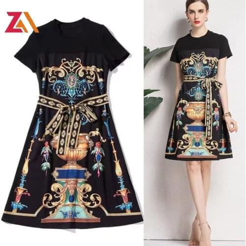 ZALady designer casual vintage printed midi dresses for women summer beach short sleeve black bow traf dress clothes mujer robes