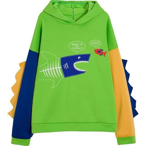 Fish Print Women Dinosaur Sweatshirt Hoodie Patchwork Kawaii Harajuku Korean Funny Winter Clothes Letter Printing Sweatshirt Top