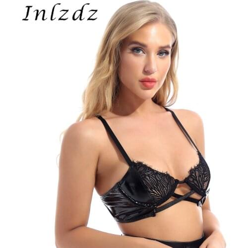 Womens Lingerie Wet Look Patent Leather Lace Patchwork Underwired Hot Bra Tops Adjustable Shoulder Strap Hollow Out Brassiere