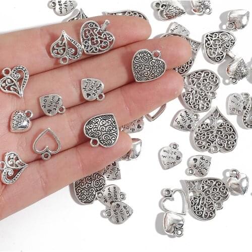 10-50pcs Tibetan Antique Silver Color Heart Charms Pendant For Bracelet Necklace Jewelry Making DIY Earring Findings