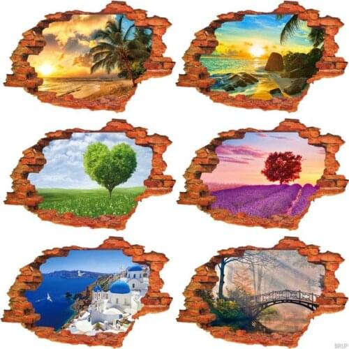 7 Kinds 89*59cm Nature landscape 3D Wall Stickers Hole View Art Landscape Wallpapers Beach Castle Tree Vinyl Mural Home Decor
