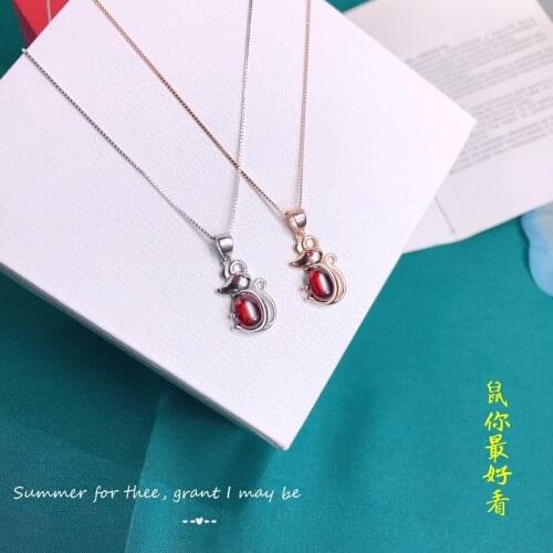 2020 Rat New Year S925 Sterling Silver Snake Chain Choker Pendant Necklace Ins Cute Niche Little Mouse Embrace Rose Quartz
